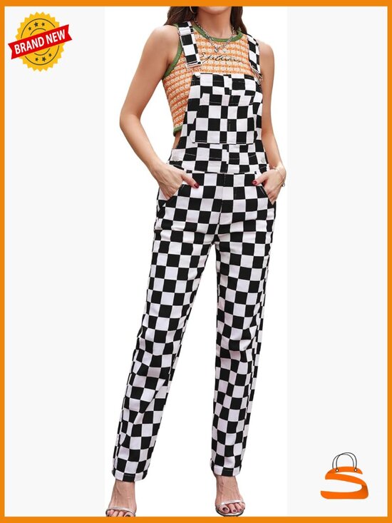 Pants - Overalls for Women Checkered Jumpsuit Stretchy Romper Plaid Bib Coveralls